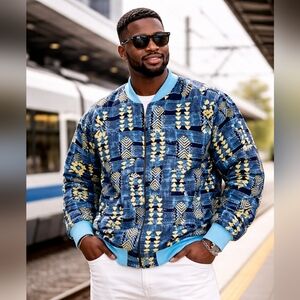 Men's Blue and Yellow Patterned Bomber Jacket